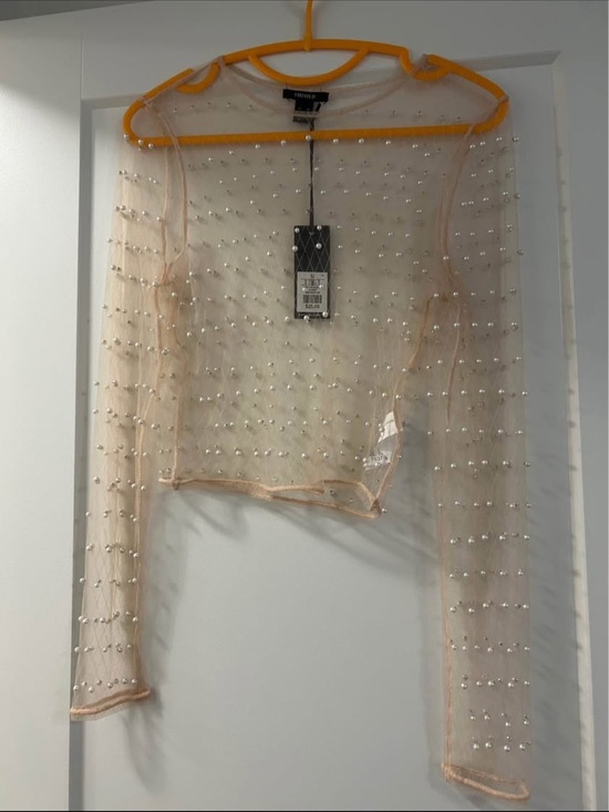 Forever 21 Tops - Mesh Pearl-Embellished Long Sleeve Top - Nude